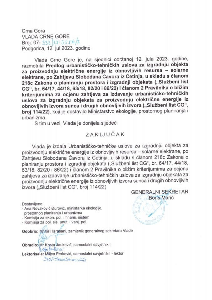 Предлог урбанистичко-техничких услова за изградњу објекта за производњу електричне енергије из обновљивих ресурса - соларне електране, по захтјеву Слободана Чавора из Цетиња - закључци