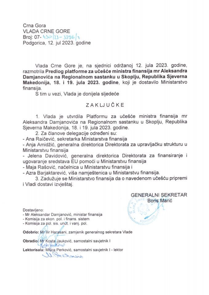 Predlog platforme za učešće ministra finansija mr Aleksandra Damjanovića na Regionalnom sastanku u Skoplju, Republika Sjeverna Makedonija, 18-19. jul 2023. godine - zaključci