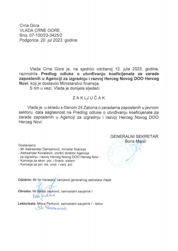 Предлог одлуке о утврђивању коефицијената за зараде запослених у „Агенцији за изградњу и развој Херцег Новог“ ДОО Херцег Нови - закључци