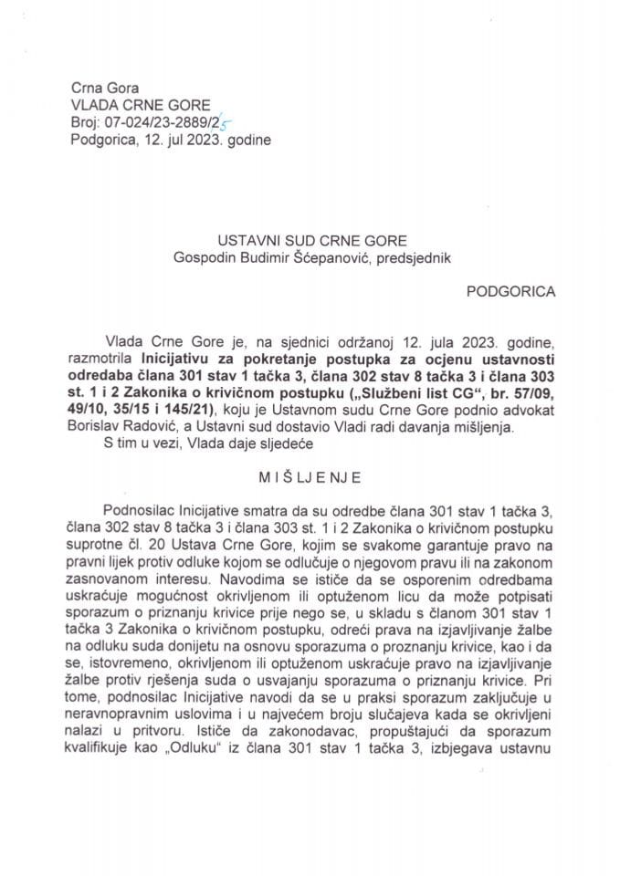 Predlog mišljenja na Inicijativu za pokretanje postupka za ocjenu ustavnosti odredaba člana 301 stav 1 tačka 3, člana 302 stav 8 tačka 3 i člana 303 st. 1 i 2 Zakonika o krivičnom postupku  - zuaključci