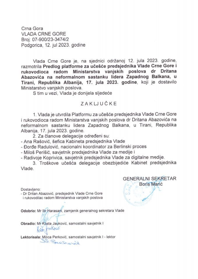 Predlog platforme za učešće predsjednika Vlade Crne Gore i rukovodioca radom Ministarstva vanjskih poslova dr Dritana Abazovića na neformalnom sastanku lidera Zapadnog Balkana, Tirana, Republika Albanija, 17. jul 2023. godine - zaključci