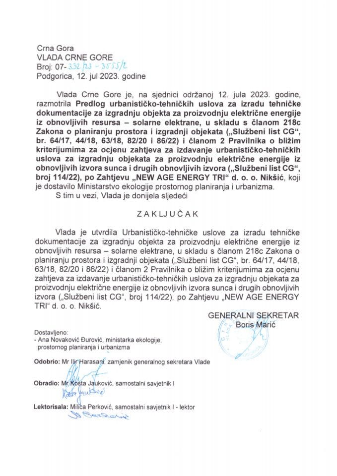 Predlog urbanističko-tehničkih uslova za izradu tehničke dokumentacije za izgradnju objekta za proizvodnju električne energije iz obnovljivih resursa – solarne elektrane - zaključci