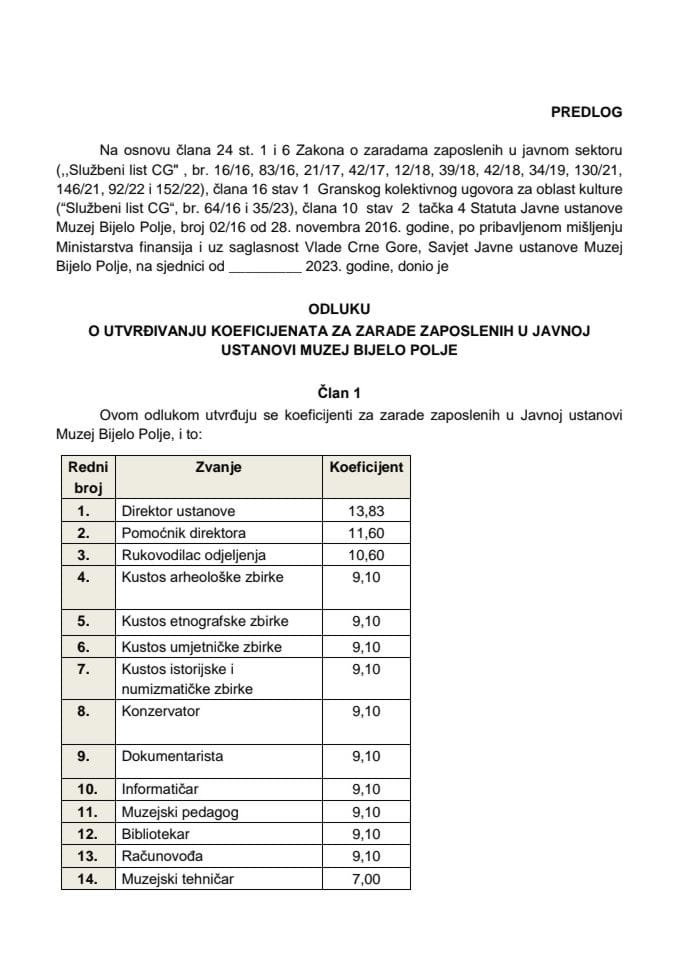 Предлог одлуке о утврђивању коефицијената за зараде запослених у Јавној установи Музеј Бијело Поље