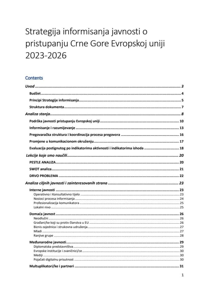 Predlog strategije informisanja javnosti o pristupanju Crne Gore EU 2023 – 2026. godine, sa Predlogom akcionog plana za 2023. godinu