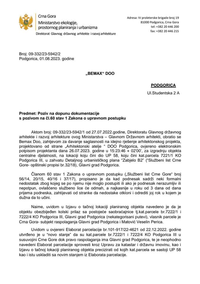 Obavještenja - Saglasnosti glavnog državnog arhitekte - 01.08.2023 Obavještenje -BEMAX DOO, Podgorica -Glavni grad Podgorica