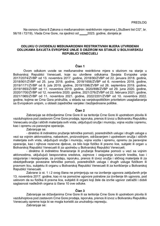 Predlog odluke o uvođenju međunarodnih restriktivnih mjera utvrđenih odlukama Savjeta Evropske unije s obzirom na stanje u Bolivarskoj Republici Venecueli