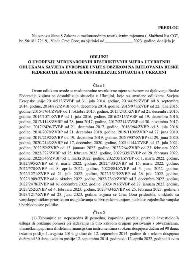 Predlog odluke o uvođenju međunarodnih restriktivnih mjera utvrđenih odlukama Savjeta Evropske unije s obzirom na djelovanja Ruske Federacije kojima se destabilizuje situacija u Ukrajini