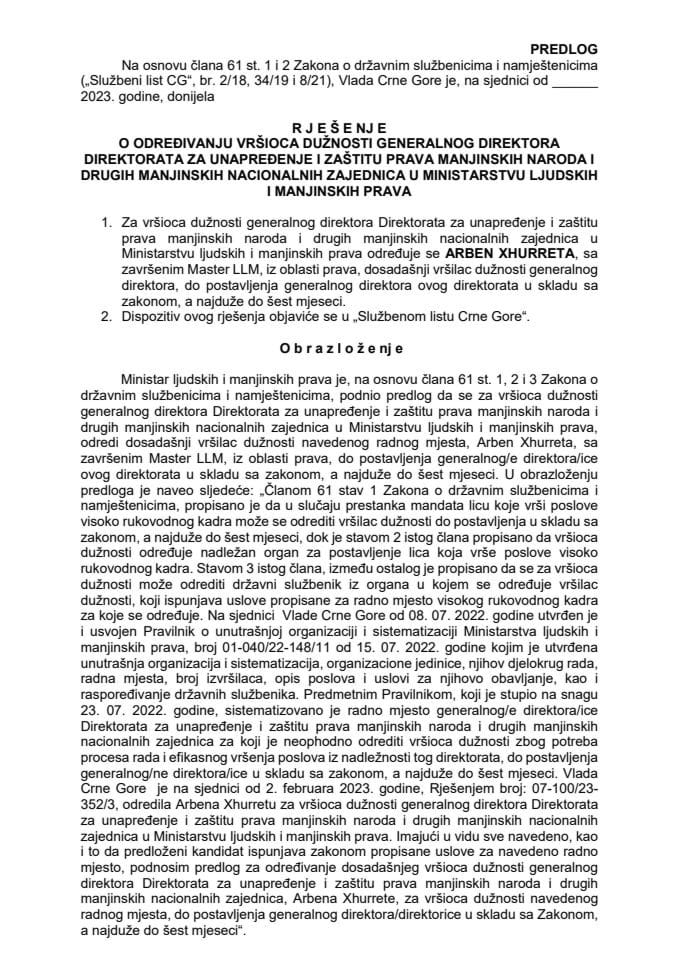 Predlog za određivanje vršioca dužnosti generalnog direktora Direktorata za unapređenje i zaštitu prava manjinskih naroda i drugih manjinskih nacionalnih zajednica u Ministarstvu ljudskih i manjinskih prava