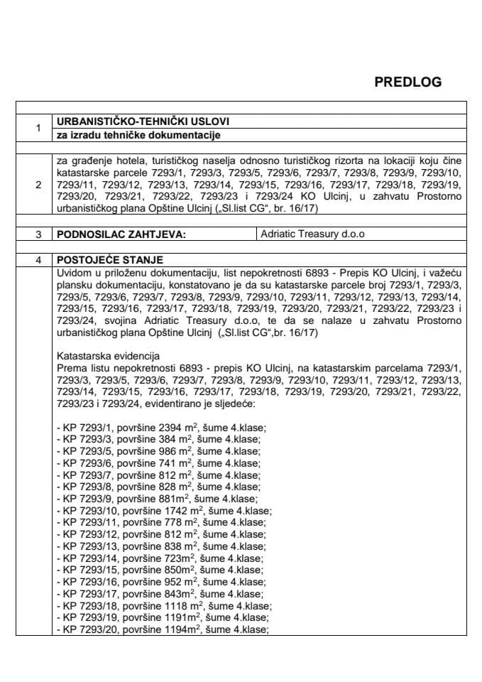 Predlog urbanističko tehničkih uslova za građenje hotela, turističkog naselja odnosno turističkog rizorta na lokaciji KO Ulcinj, u zahvatu Prostorno urbanističkog plana Opštine Ulcinj (bez rasprave)