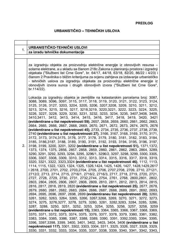 Предлог урбанистичко техничких услова за израду техничке документације за изградњу објекта за производњу електричне енергије из обновљивих ресурса – соларне електране (без расправе)