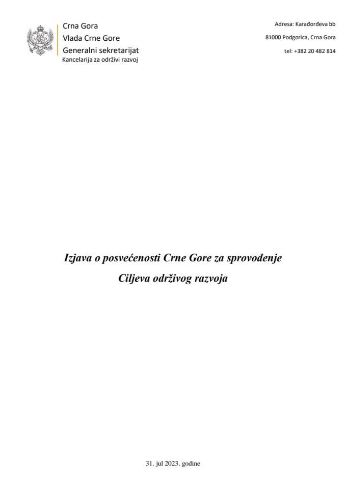 Izjava o posvećenosti Crne Gore za sprovođenje Ciljeva održivog razvoja do 2030. godine (bez rasprave)