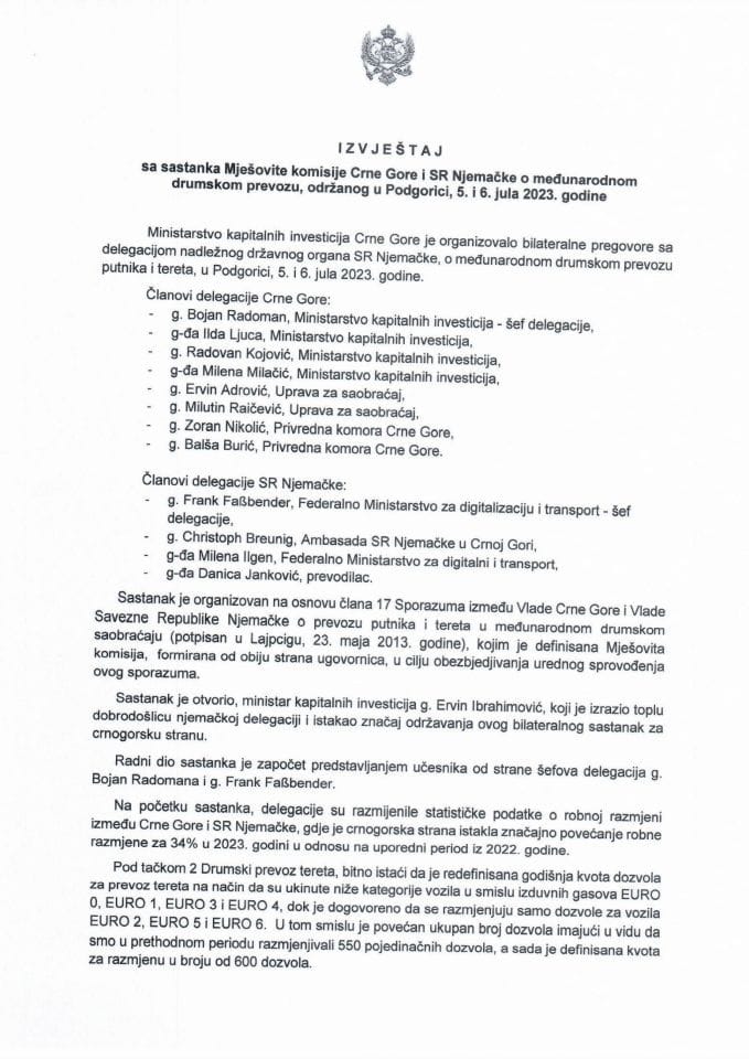 Izvještaj sa sastanka Mješovite komisije Crne Gore i SR Njemačke o međunarodnom drumskom prevozu, održanog u Podgorici, 5. i 6. jula 2023. godine (bez rasprave)