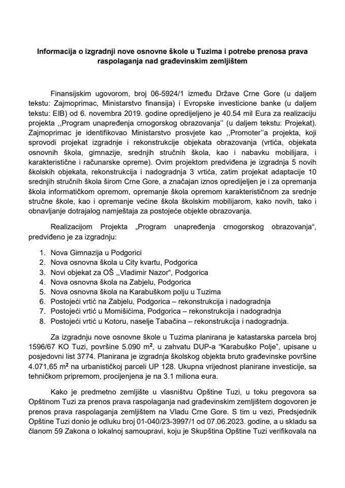 Информација о изградњи нове основне школе у Тузима и потребе преноса права располагања над грађевинским земљиштем