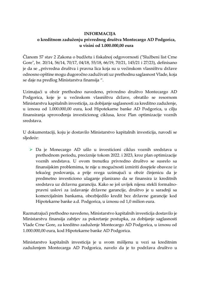 Информација о кредитном задужењу привредног друштва Montecargo АД Подгорица, у висини од 1.000.000,00 еура