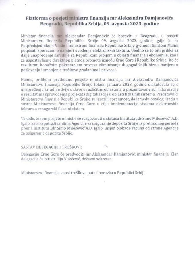 Predlog platforme za posjetu ministra finansija mr Aleksandra Damjanovića Beogradu, Republika Srbija, 9. avgusta 2023. godine