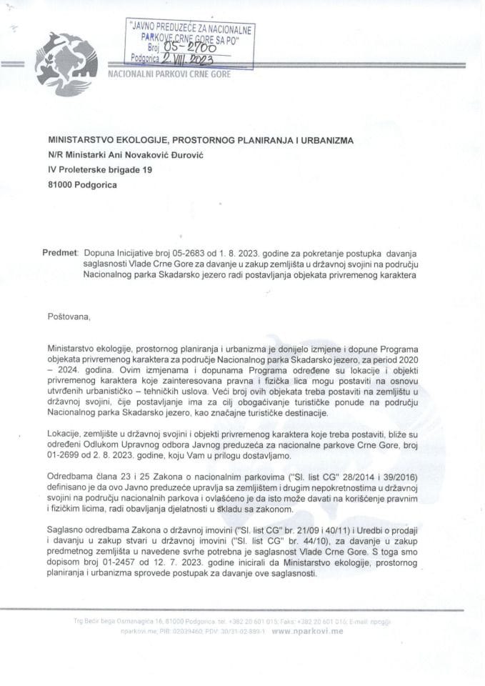 Иницијатива за покретање поступка ради давања сагласности Владе Црне Горе за давање у закуп земљишта у државној својини на подручју Националног парка Скадасрко језеро ради постављања објеката привременог карактера