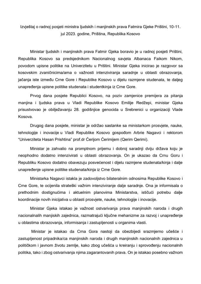 Izvještaj o radnoj posjeti ministra ljudskih i manjinskih prava Fatmira Gjeke Prištini, 10-11. jul 2023. godine, Priština, Republika Kosovo