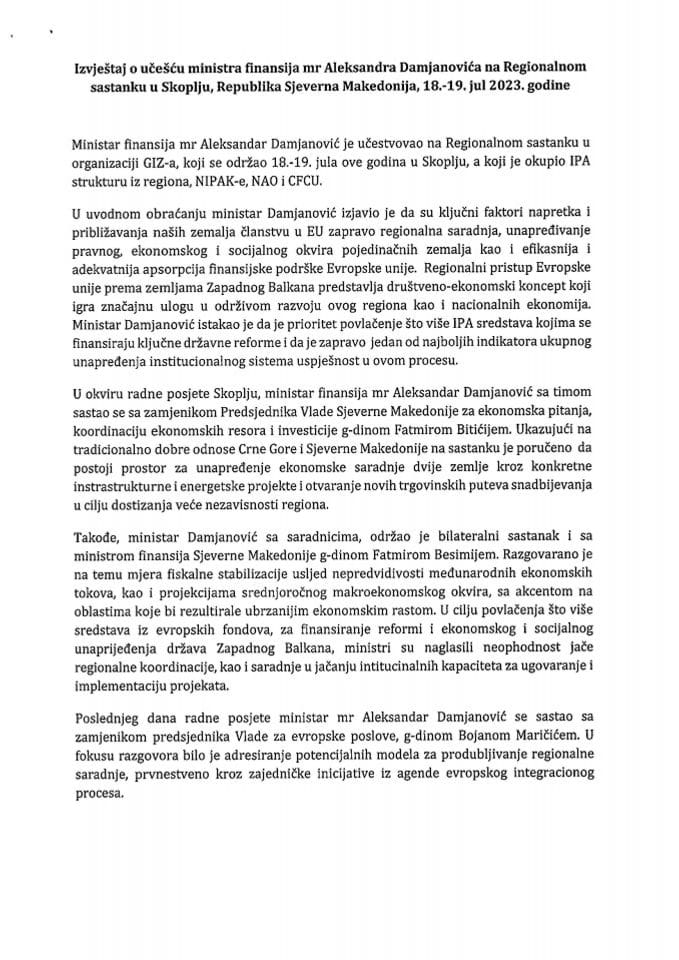 Izvještaj o učešću ministra finansija mr Aleksandra Damjanovića na Regionalnom sastanku u Skoplju, Republika Sjeverna Makedonija, 18 -19. jul 2023. godine