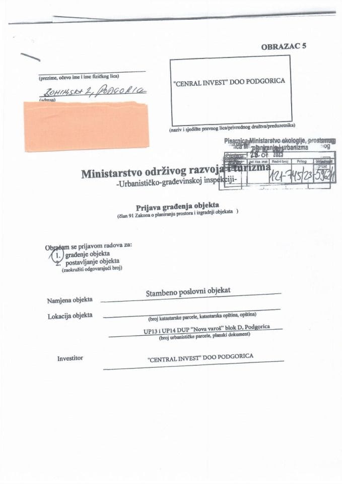 Prijava građenja objekta - 121-745-23-5962-1 central invest doo