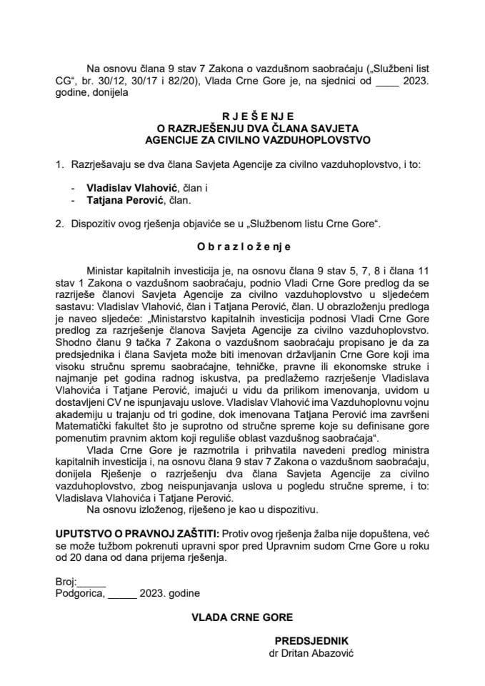 Предлог за разрјешење два члана Савјета "Агенције за цивилно ваздухопловство"