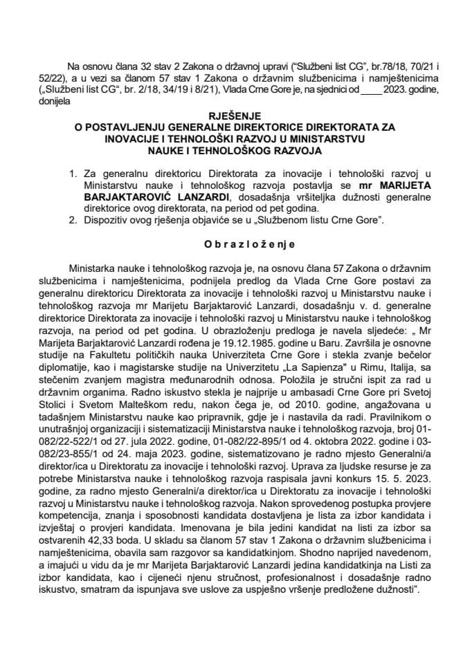 Predlog za postavljenje generalne direktorice Direktorata za inovacije i tehnološki razvoj u Ministarstvu nauke i tehnološkog razvoja