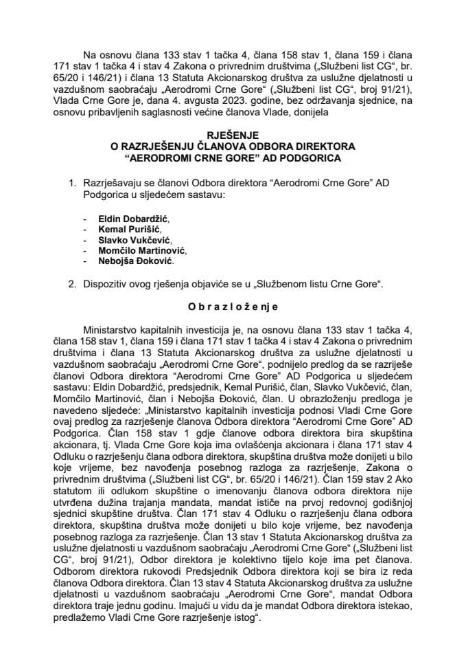 Predlog za razrješenje članova Odbora direktora „Aerodromi Crne Gore” AD Podgorica