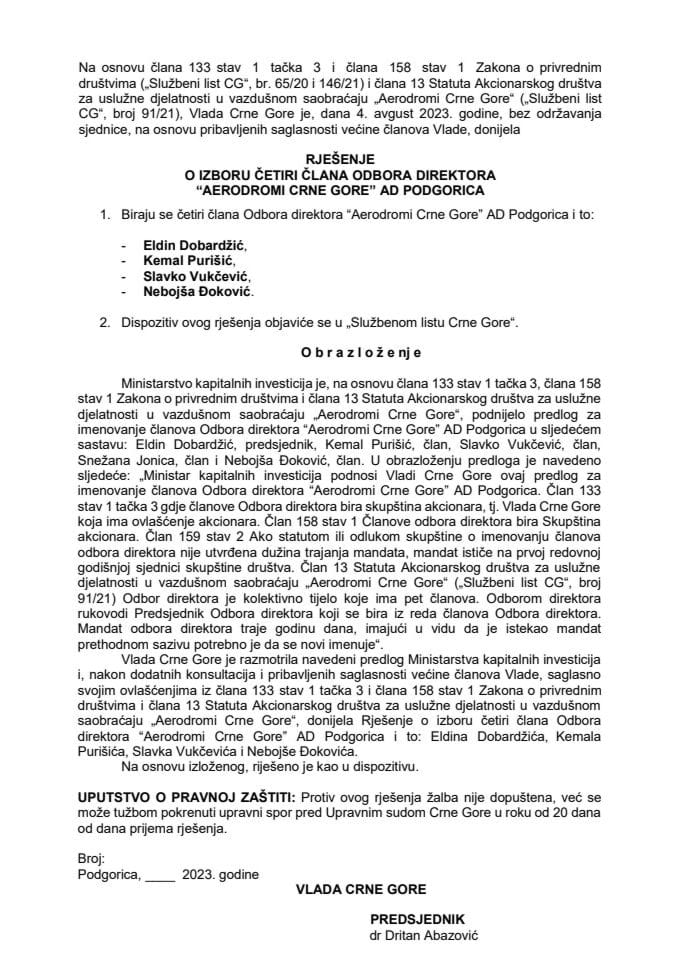 Predlog za imenovanje članova Odbora direktora „Aerodromi Crne Gore“ AD Podgorica