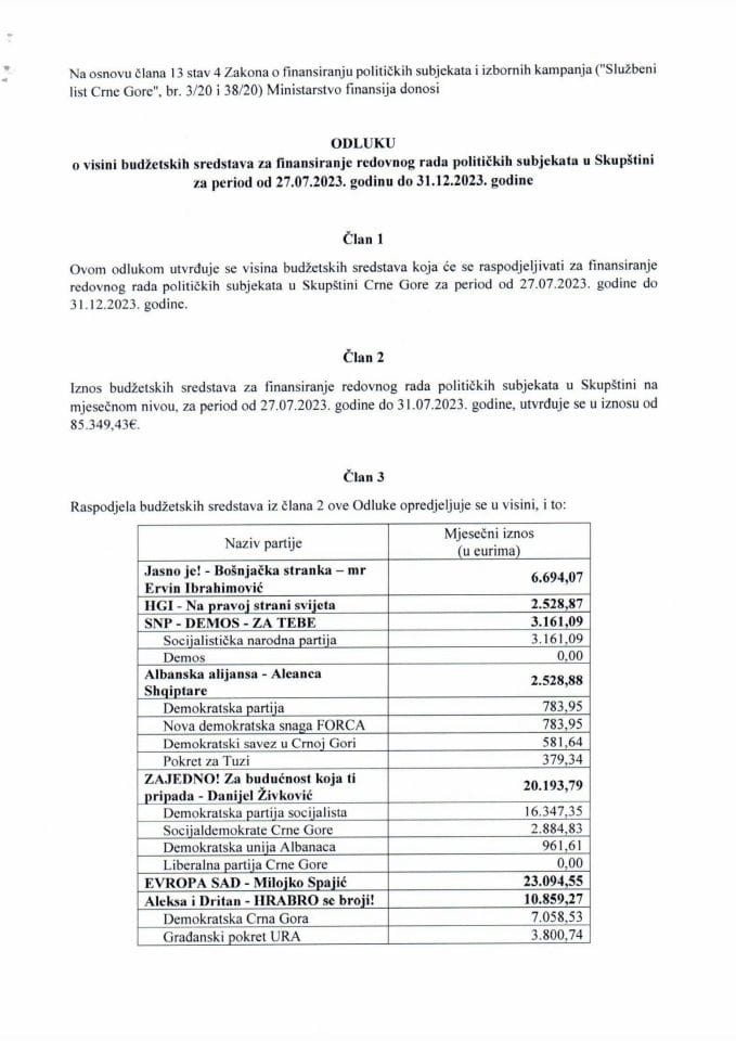Odluka o visini budžetskih sredstava za finansiranje redovnog rada političkih subjekata u Skupštini za period od 27.07.2023. godine do 31.12.2023. godine