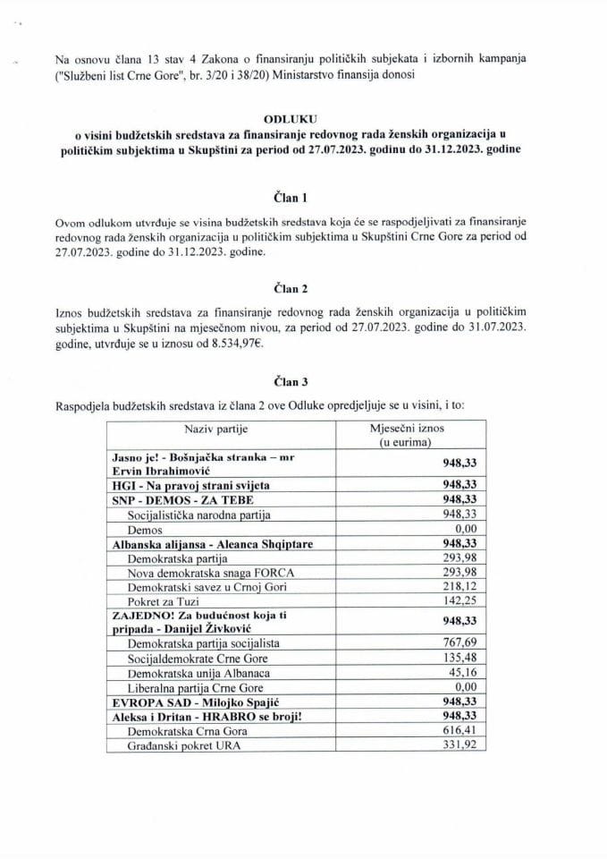 Odluka o visini budžetskih sredstava za finansiranje redovnog rada ženskih organizacija u političkim subjektima u Skupštini za period od 27.03.2023. godine do 31.12.2023. godine