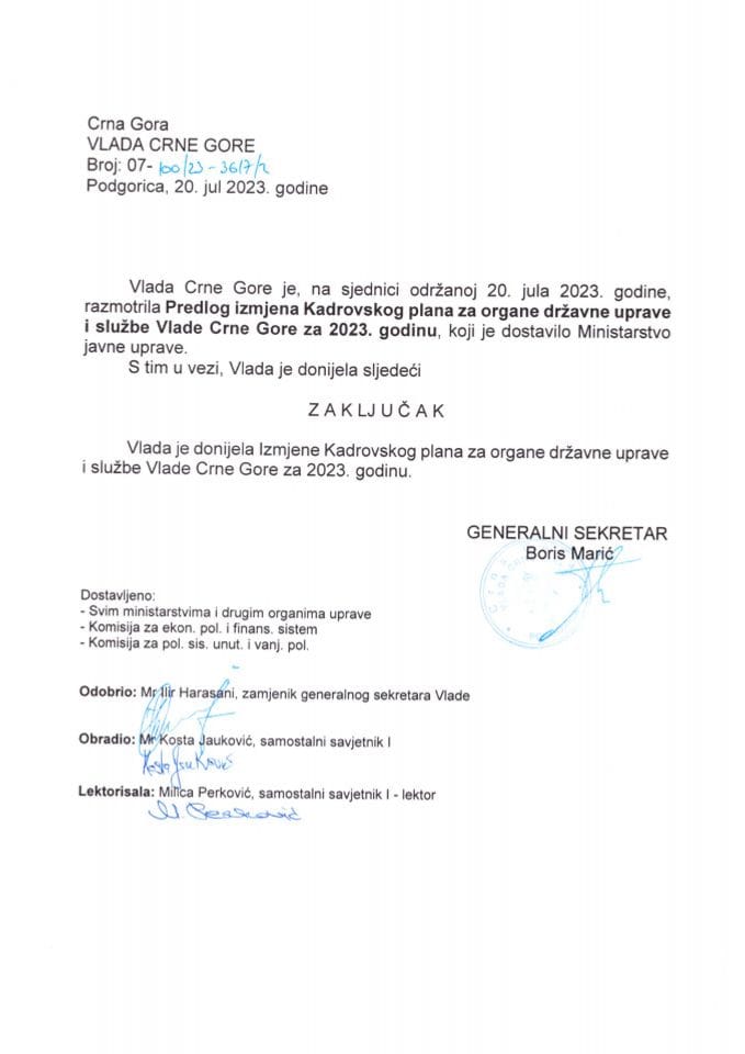 Предлог измјена Кадровског плана за органе државне управе и службе Владе Црне Горе за 2023. годину - закључци