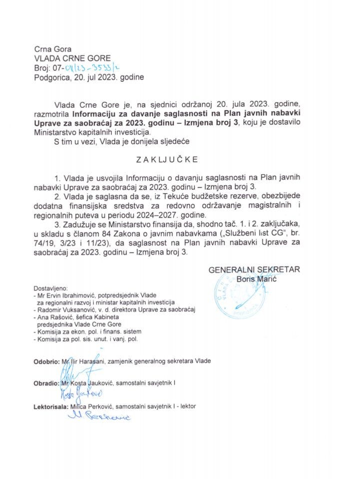 Информација за давање сагласности на План јавних набавки Управе за саобраћај за 2023. годину - Измјена број 3 - закључци