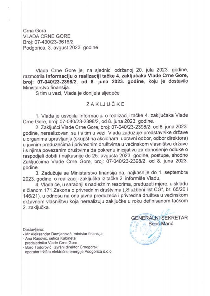 Информација о реализацији тачке 4. Закључака Владе Црне Горе, број: 07-040/23-2398/2, од 8. јуна 2023. године - закључци