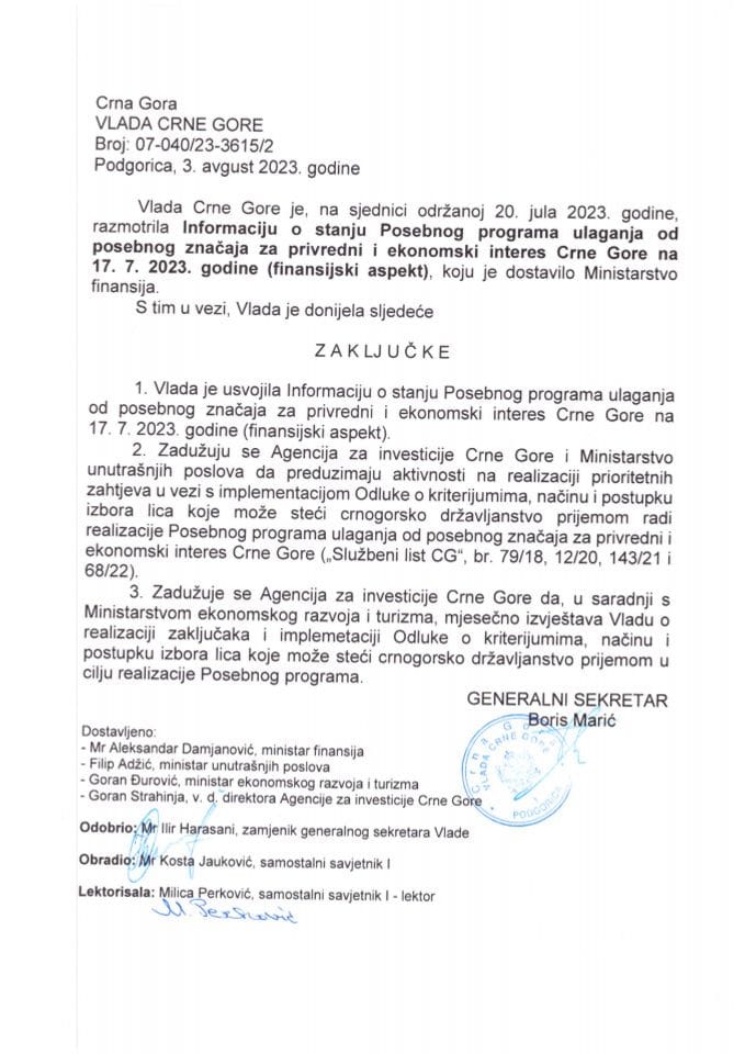 Информација о стању Посебног програма улагања од посебног значаја за привредни и економски интерес Црне Горе на 17.07.2023. године (финансијски аспект) - закључци