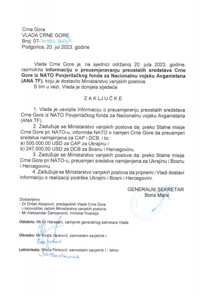 Информација о преусмјеравању преосталих средстава Црне Горе из НАТО Повјерилачког фонда за Националну Војску Авганистана (ANA TF) - закључци