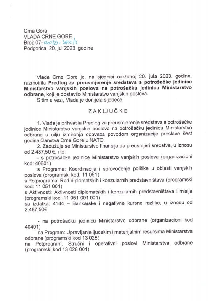 Предлог за преусмјеравање стредстава са потрошачке јединице Министарство вањских послова на потрошачку јединицу Министарство одбране - закључци