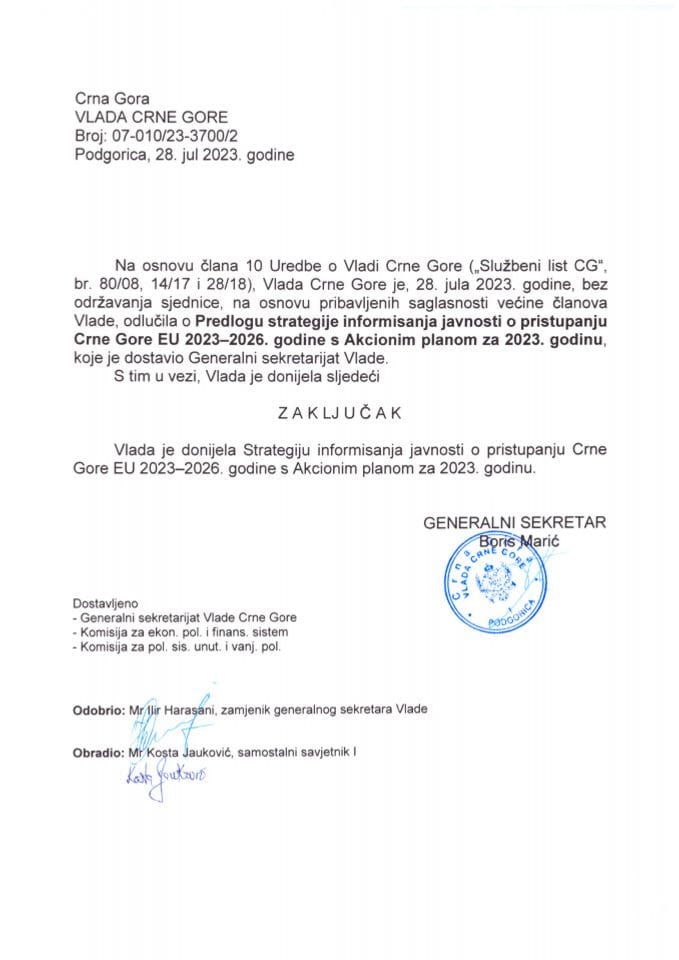 Predlog strategije informisanja javnosti o pristupanju Crne Gore EU 2023 – 2026. godine, sa Predlogom akcionog plana za 2023. godinu - zaključci