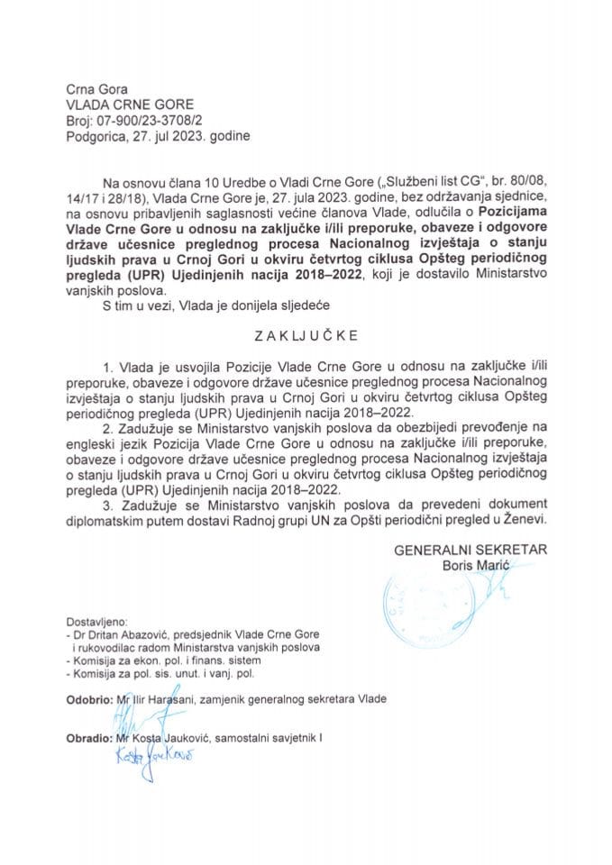 Информација о позицијама у односу на закључке и/или препоруке, обавезе и одговоре државе учеснице прегледног процеса Националног извјештаја о стању људских права у Црној Гори - закључци