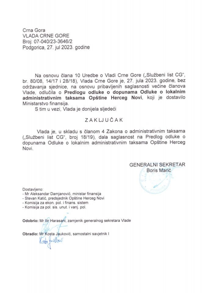 Предлог одлуке о допунама Одлуке о локалним административним таксама општине Херцег Нови - закључци