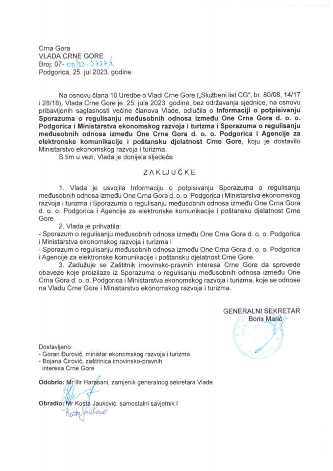 Информација о потписивању Споразума о регулисању медусобних односа измеду One Црна Гора д.о.о. Подгорица и Министарства економског развоја и туризма - закључци