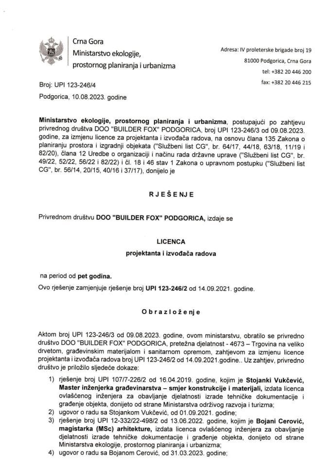 Licence projektanata i izvođača radova - UPI 123-246-4 BUILDER FOX DOO