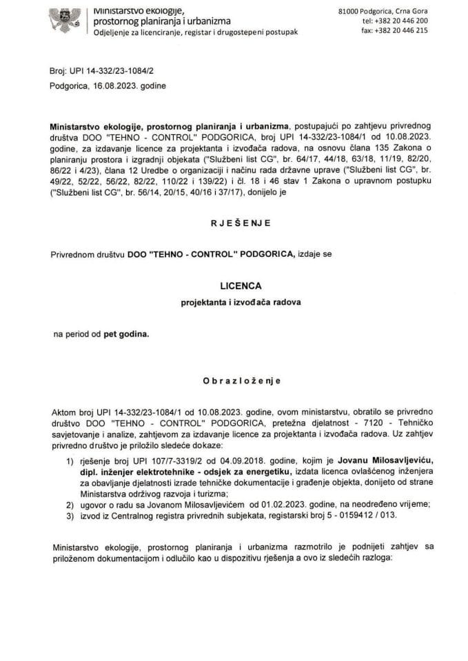 Licence projektanata i izvođača radova - UPI 14-332-23-1084-2 TEHNO - CONTROL