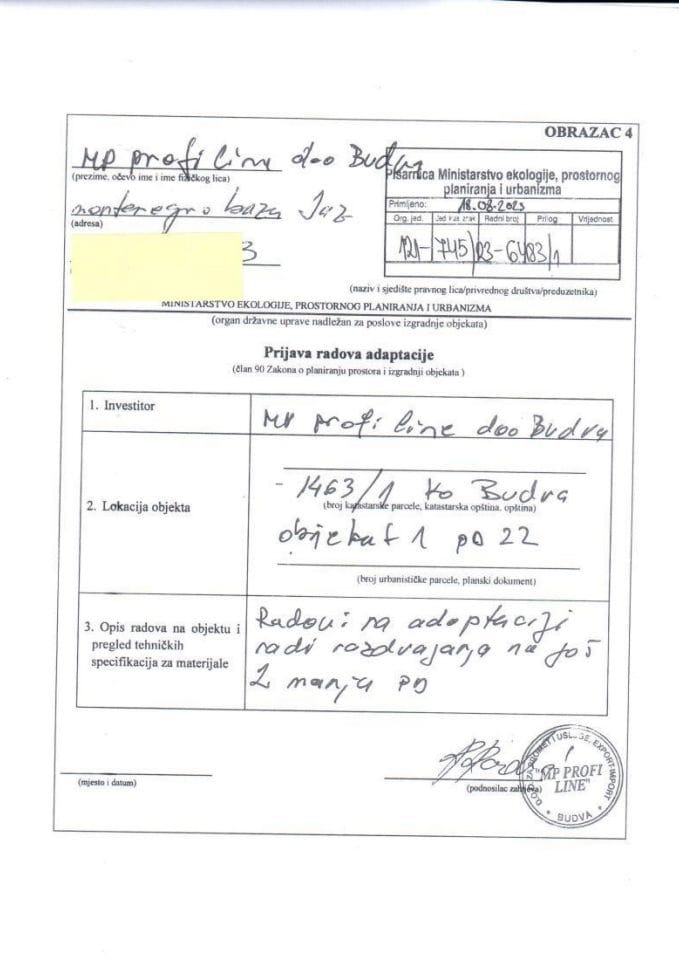 Prijava radova adaptacije - 121-745-23-6483-1 MP PROFI LINE DOO BUDVA