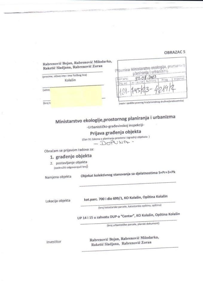 Prijava građenja objekta - 121-745-23-4214-2 RABRENOVIĆ BOJAN, RABRENOVIĆ MILODARKA, RABRENOVIĆ SLADJANA, RABRENOVIĆ ZORAN