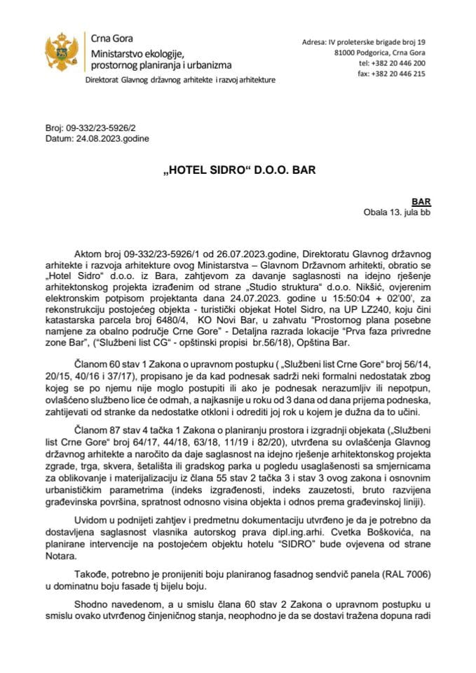 Obavještenja - Saglasnosti glavnog državnog arhitekte - 24.08.2023 Obavještenje -HOTEL SIDRO DOO, Bar -Opština Bar