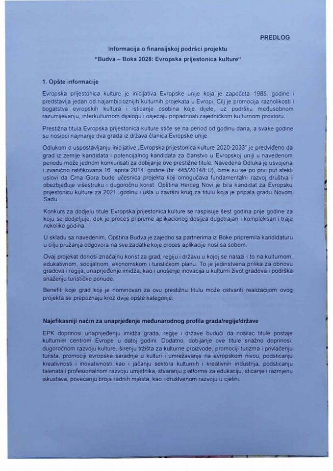 Informacija o finansijskoj podršci projektu „Budva - Boka 2028: Evropska prijestonica kulture"
