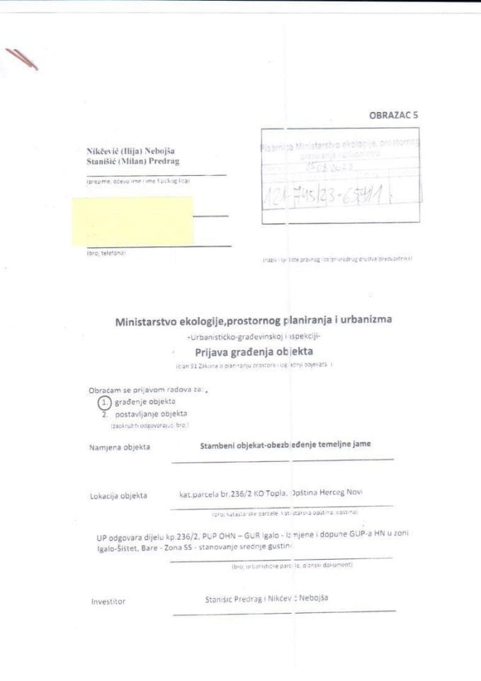 Prijava građenja objekta - 121-745-23-6591-1 NIKČEVIĆ NEBOJŠA, STANIŠIĆ PREDRAG