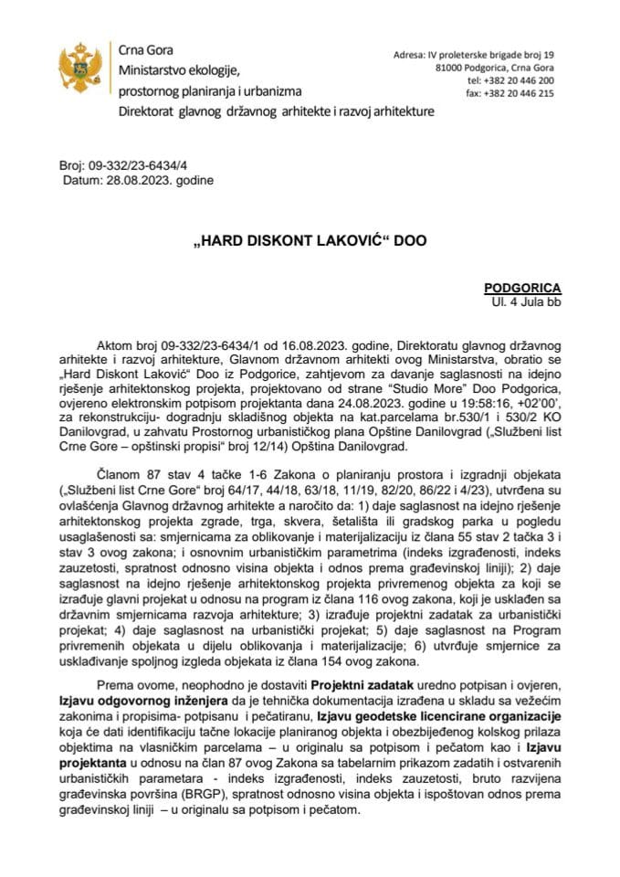 Obavještenja - Saglasnosti glavnog državnog arhitekte - 28.08.2023 Obavještenje- HD Laković Doo Podgorica- Opština Danilovgrad