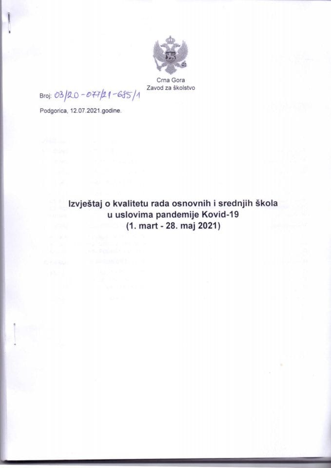 Извјештај о квалитету рада основних и средњих школа у условима пандемије Ковид-19 (1. март - 28. мај 2021)