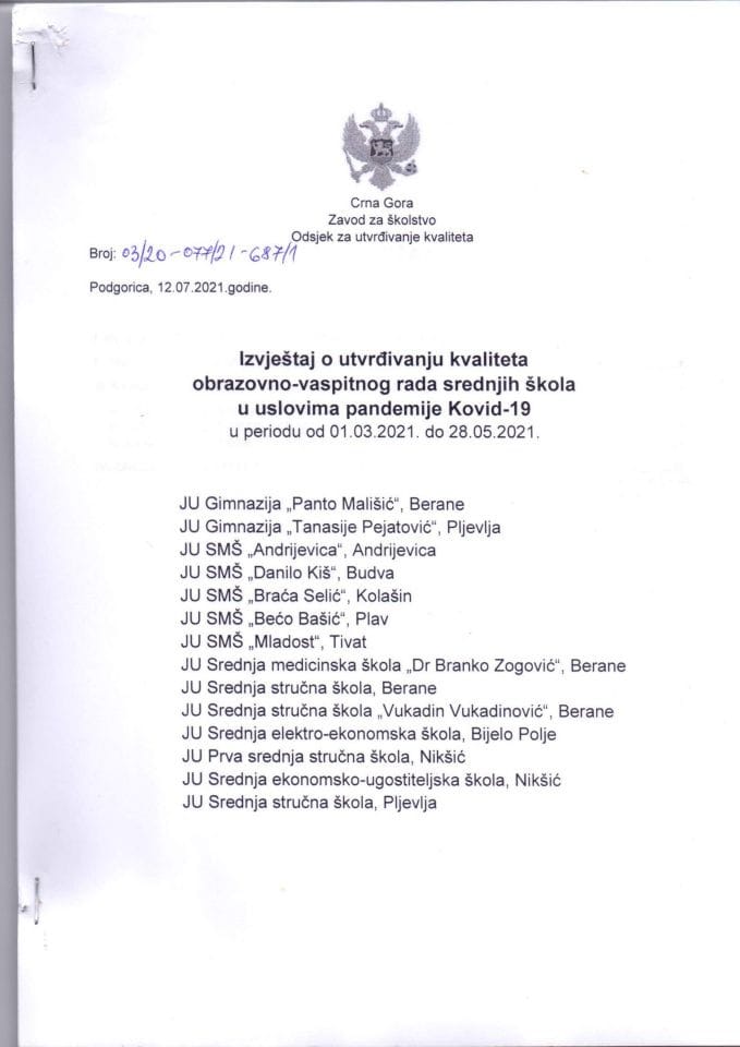 Извјештај о утврђивању квалитета образовно-васпитног рада средњих школа у условима пандемије Ковид-19