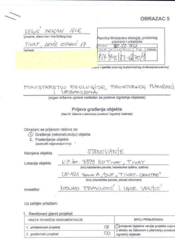 Prijava građenja objekta - 121-745-23-6670-1 VELJIĆ IGOR